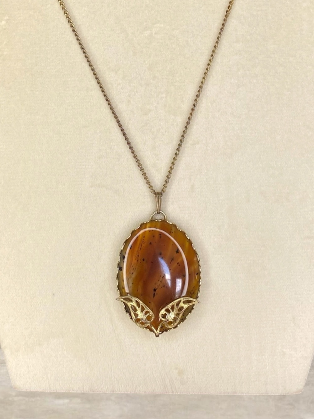 Vintage Gold-Tone Amber Glass Pendant Necklace